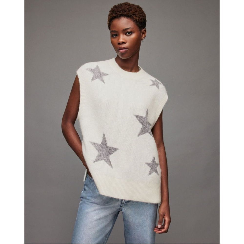 All Saints Beige Graphic Star Printed Sleeveless Jacquard Sweater Size Small